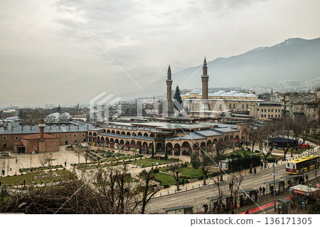 Panoramic view of Bursa Grand Mosque. 136171305