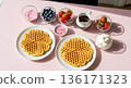 Galentines Day waffle breakfast with toppings and sprinkles 136171323