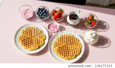 Galentines Day waffle breakfast with toppings and sprinkles 136171323