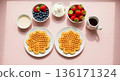 Galentines Day romantic breakfast with waffles and fresh berries 136171324