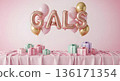 Galentines Day gift table with balloons and pastel presents 136171354
