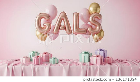 Galentines Day gift table with balloons and pastel presents 136171354