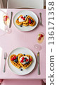 Galentines Day heart-shaped waffles with berries and cream 136171358
