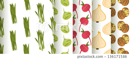 Spring Salad Vegetable Seamless Pattern Set 136171586