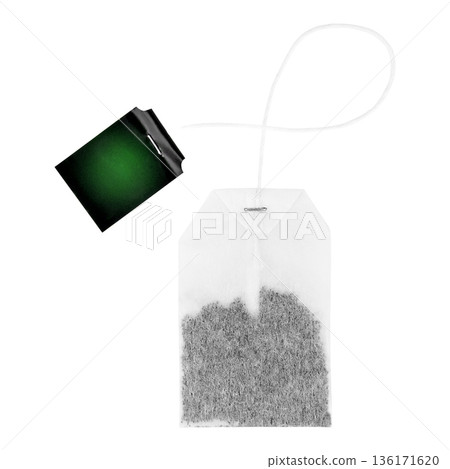 Tea bag with green label isolated on white background 136171620