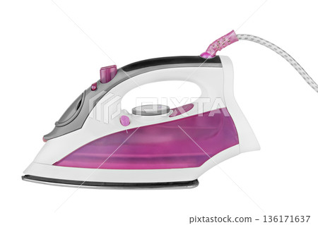 A purple and white iron for ironing clothes, isolated on a white background A purple and white iron for ironing clothes, isolated on a white background 136171637