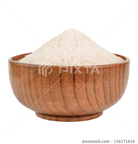 Rice cereal in a brown wooden bowl isolated on white background 136171658