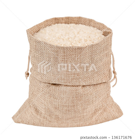 Rice in a cloth bag, isolate on a white background 136171676