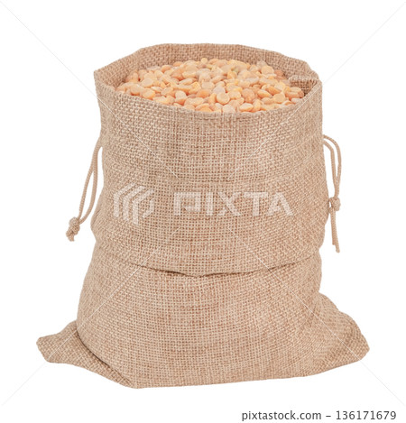 Peas in a cloth bag, isolate on a white background 136171679