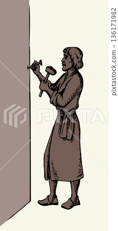 Vector illustration of a man hammering a nail. 136171982