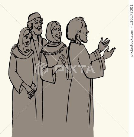 Vector drawing. Ancient family listen a father Vector drawing. Ancient family listen a father 136172001