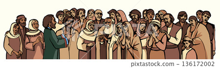 Vector drawing. Ancient family listen a father 136172002