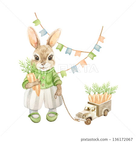 Bunny holding a toy truck filled with carrots by a rope. Hand drawn watercolor illustration isolated on white. Pastel clip art for Easter vintage cards and invitations. Bunny holding a toy truck filled with carrots by a rope. Hand drawn watercolor illustration isolated on white. Pastel clip art for Easter vintage cards and invitations. 136172067
