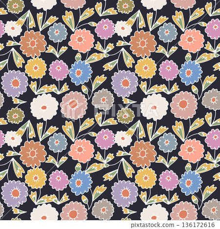 Ditsy floral seamless pattern on black background. Hand drawn vintage backdrop with tiny pastel flowers 136172616