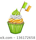 Watercolor cupcake with Irish flag on top. Green white orange cream for Saint Patrick's Day party. Hand drawn illustration on isolated background. National Colors of Ireland. Happy March 17th. 136172658