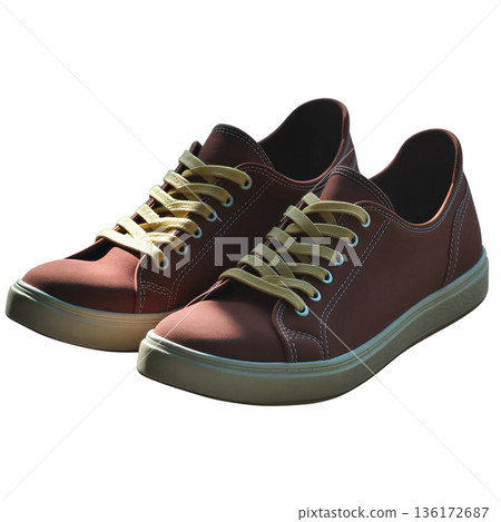 The image shows a pair of brown (burgundy) low-top lace-up sneakers The image shows a pair of brown (burgundy) low-top lace-up sneakers 136172687