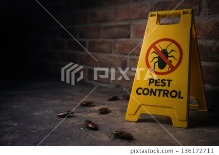 Pest Control Warning Sign with Cockroaches in Urban Indoor Environment 136172711
