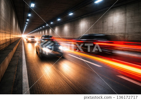 Night Traffic in Tunnel with Motion Blur and Speeding Vehicles 136172717