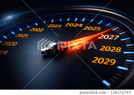 Futuristic Speedometer Dial Indicating Rapid Growth and Acceleration Toward 2027 Futuristic Speedometer Dial Indicating Rapid Growth and Acceleration Toward 2027 136172747
