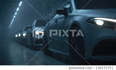Line of Modern Cars Driving Through Dark Tunnel with Headlights On 136172751