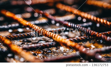 Close Up of Rusty Steel Reinforcement Bars with Water Droplets 136172753