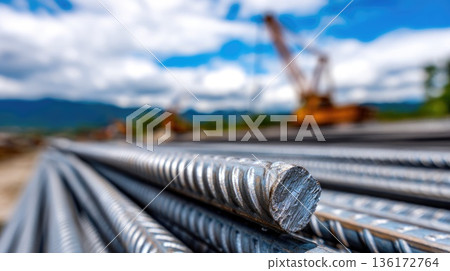 Close Up of Steel Reinforcement Bars at Construction Site with Crane in Background Close Up of Steel Reinforcement Bars at Construction Site with Crane in Background 136172764