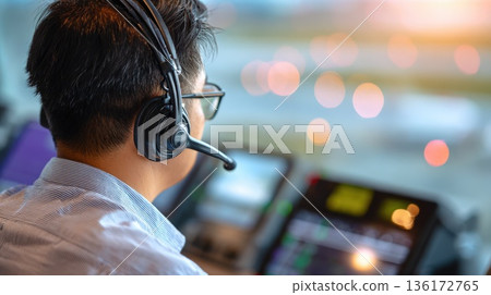 Air Traffic Controller Monitoring Radar Screens with Headset at Sunset Air Traffic Controller Monitoring Radar Screens with Headset at Sunset 136172765