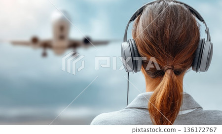 Focused Woman with Headphones Watching Airplane Takeoff at Airport Runway 136172767