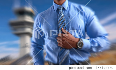 Confident Businessman Adjusting Tie Near Airport Control Tower Confident Businessman Adjusting Tie Near Airport Control Tower 136172770