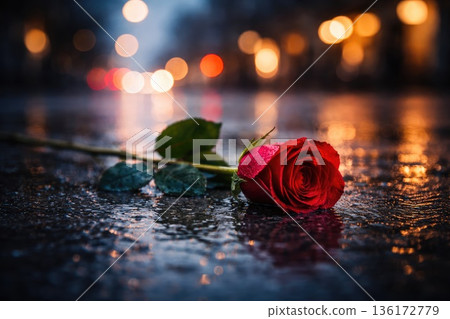 Red Rose Lying on Wet City Street at Night with Bokeh Lights Red Rose Lying on Wet City Street at Night with Bokeh Lights 136172779