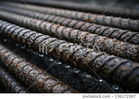 Rusty Reinforced Steel Bars with Water Drops at Construction Site Rusty Reinforced Steel Bars with Water Drops at Construction Site 136172807
