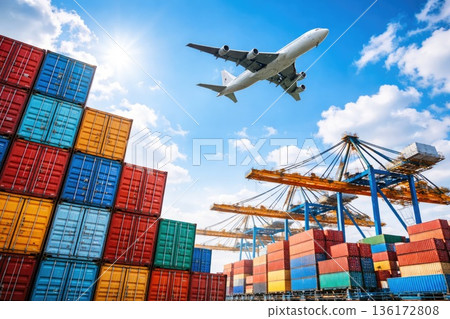 Cargo Shipping Containers and Airplane Flying Over Industrial Port 136172808