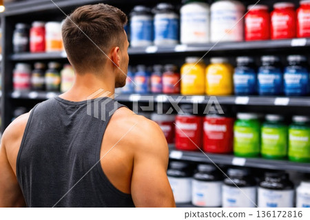 Man Choosing Protein Supplements in Sports Nutrition Store Man Choosing Protein Supplements in Sports Nutrition Store 136172816