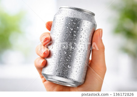 Hand Holding Cold Soda Can with Water Droplets Hand Holding Cold Soda Can with Water Droplets 136172826