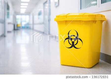 Yellow Biohazard Medical Waste Container in Hospital Corridor 136172831