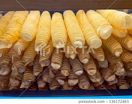 Spiral potato chips street food display Spiral potato chips street food display 136172863