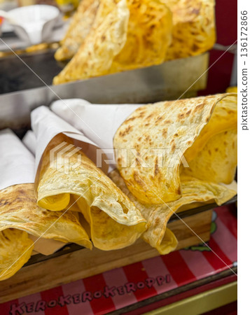 Rolled egg crepe Asian street food display Rolled egg crepe Asian street food display 136172866