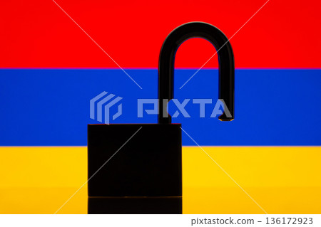 Black silhouette of open lock against flag of Armenia. Reopen Armenia country, freedom, easy pass of border concept Black silhouette of open lock against flag of Armenia. Reopen Armenia country, freedom, easy pass of border concept 136172923