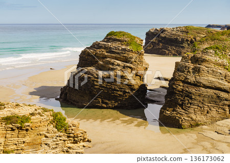 Ocean at low tide. Cathedrals Beach in Galicia Spain. Ocean at low tide. Cathedrals Beach in Galicia Spain. 136173062