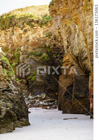 Ocean at low tide. Cathedrals Beach in Galicia Spain. Ocean at low tide. Cathedrals Beach in Galicia Spain. 136173063