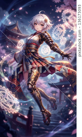 Japanese anime style. Short hair. Cute girl. Full body shot. White hair. Floating effect. Cute pose. Kimono. 136173093