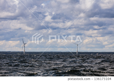 Wind turbines farm in Baltic Sea, Denmark 136173104