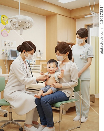人工智慧產生的圖像展現了兒科診所裡常見的體檢場景：一位和藹的女醫生正在為嬰兒做檢查，一位護士在一旁照顧。 136173214