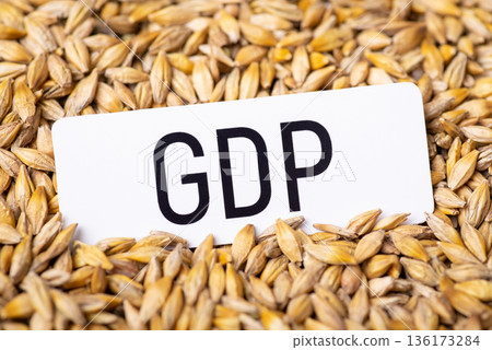 Paper with inscription GDP on barley crop. Importance of harvest of barley for GDP rate for country Paper with inscription GDP on barley crop. Importance of harvest of barley for GDP rate for country 136173284