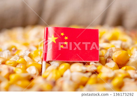 Flag of China on corn. Harvest of corn grain in China concept 136173292