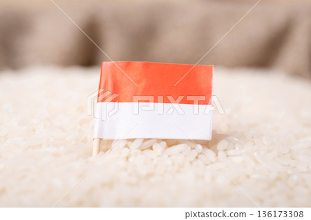Flag of Indonesia on grain of rice. Concept of growing rice in Indonesia Flag of Indonesia on grain of rice. Concept of growing rice in Indonesia 136173308