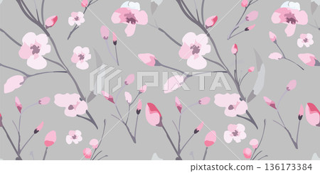 Seamless background with delicate sakura flowers and with butterflies. Watercolor painting background. Hand drawn. Not AI, vector illustration. 136173384