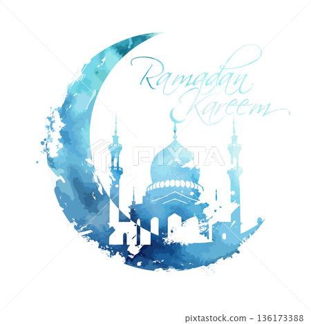 Ramadan Light blue symbol. moon and mosque. Hand drawn. Not AI, vector illustration. 136173388