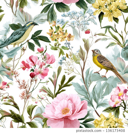 Botanical Seamless Pattern with Flowers and Bird Botanical Seamless Pattern with Flowers and Bird 136173408