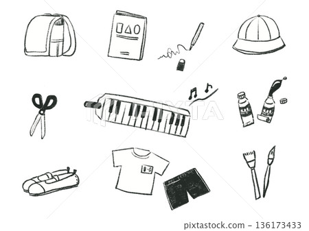 手繪線條畫（黑色）學校用品套裝插圖（美術、音樂、運動） 136173433